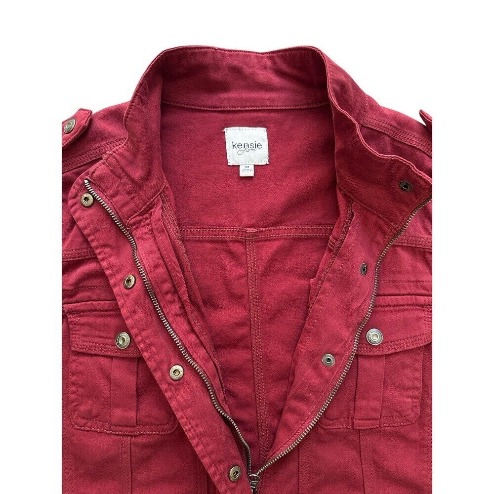 Kensie Jeans Red Utility Military Jacket Women’s M Cotton Snap Zip Cargo Pockets - Picture 4 of 8